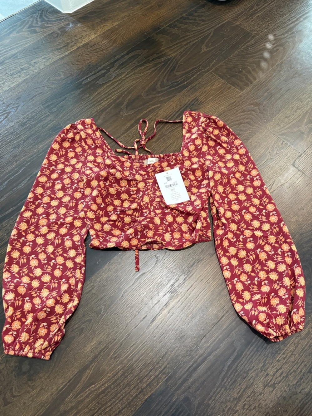 Altar'd State Burgundy Floral Tie-Back Puff Sleeve Crop Top